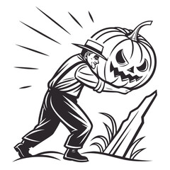 Man Pushing A Large Jack O Lantern male adult