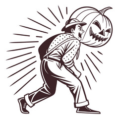 Man Running With Jack O Lantern Pumpkin On His Back