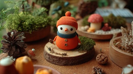 Charming Winter Wonderland a Cute Snowman Figurine amid Natural Elements in a Whimsical Indoor Setting
