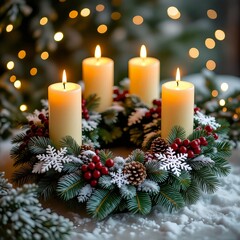 ein Adventskranz mit vier brennenden Kerzen