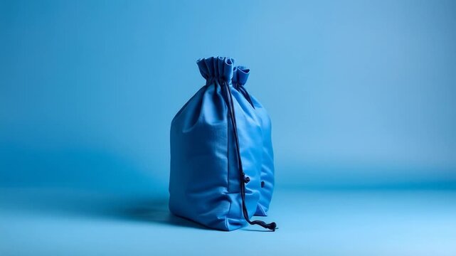 Two blue drawstring bags against a bright blue background