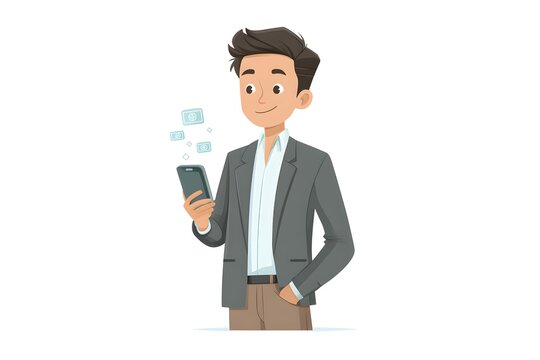 confident businessman holding a glowing smartphone with digital wallet icons floating above, fintech innovation vibe, 3d animation, isolated on a white background - Powered by Adobe