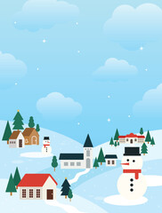 Winter celebration landscape featuring snowman and cozy homes. Vector illustration