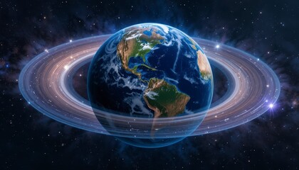 A mesmerizing view of planet earth adorned with saturnlike rings, set against a backdrop of a vibrant, colorful nebula in the vast expanse of space
