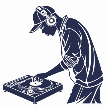 Navy blue silhouette of aDJ with headphones and turntables