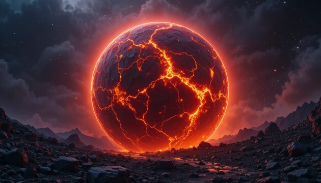 A fiery planet with glowing cracks sits ominously on a barren, rocky landscape under a dark, cloudy sky, evoking a sense of impending doom and destruction
