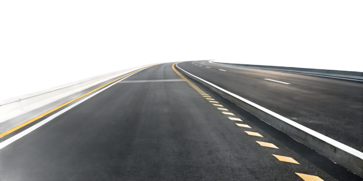 Dark asphalt road with yellow white lane markings isolated on a transparent background