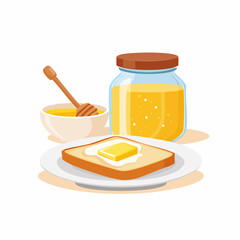 Sweet breakfast vector illustration with honey on bread and a jar on a white plate, a fresh, healthy, and delicious meal