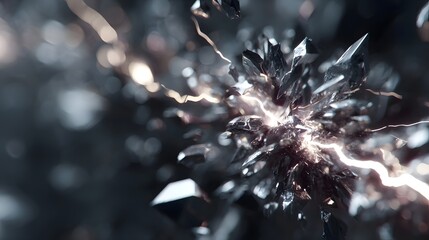 Abstract close-up of silver liquid metallic spikes emerging from molten metal with cinematic lightning effects.
