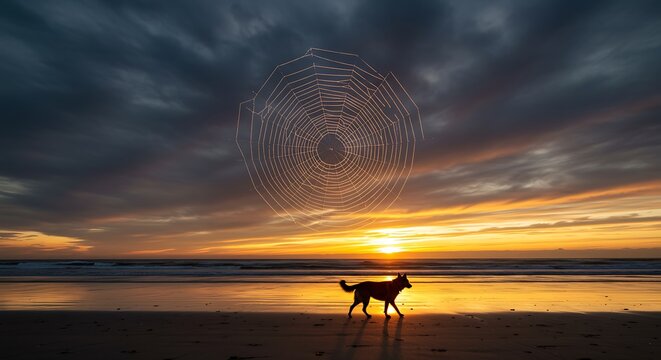Silhouette of dog walking on beach with spiderweb at sunset