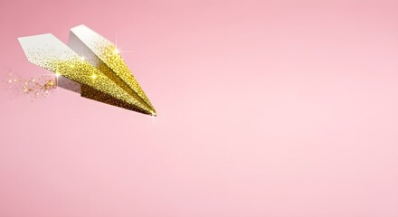A paper airplane with gold glitter trails on a pink background.