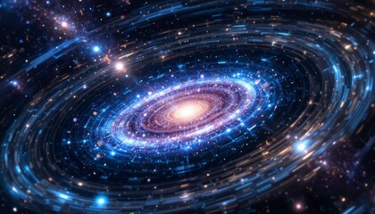 A mesmerizing spiral galaxy shines with vibrant hues of blue, purple, and gold, its swirling arms adorned with countless stars and cosmic dust clouds