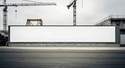 Photorealistic mockup of a blank industrial hoarding banner on a gritty construction site under overcast light.