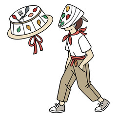 Person carrying a hat with cutlery on white background