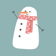 Cute snowman in  warm pink scarf. Christmas character. Merry Christmas, New Year, winter holidays. Flat vector design. Cartoon. Dark background. Pink, white, orange and gray color. 