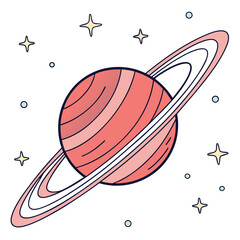 Pink ringed planet with yellow stars and small circles Keywords: space, planet, saturn, rings