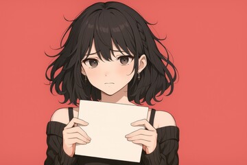 Sad anime style illustration of a young woman holding a blank sign on a solid red background