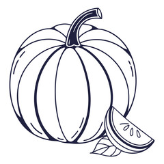 Pumpkin Outline with Leaf and Slice on White squash