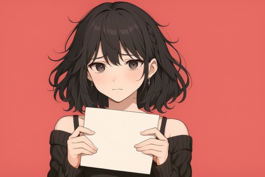 Sad anime style illustration of a young woman holding a blank sign on a solid red background