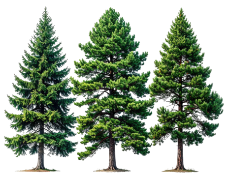 Three majestic evergreen trees with lush green foliage against a transparent backdrop