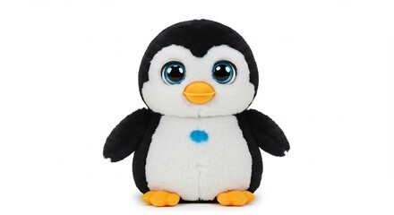Fototapeta premium Charming black and white plush penguin toy features large glittering blue eyes and a small orange beak on a crisp white backdrop
