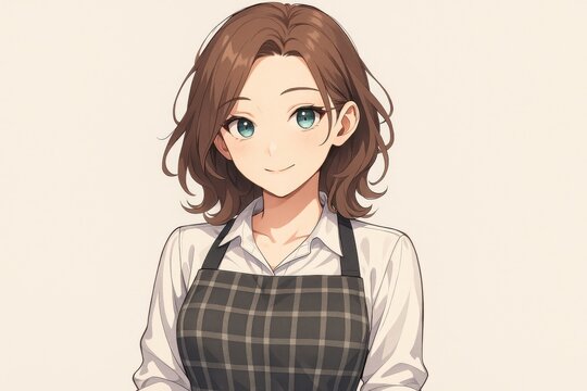 Cute anime illustration of a smiling young woman wearing a checkered apron and white shirt