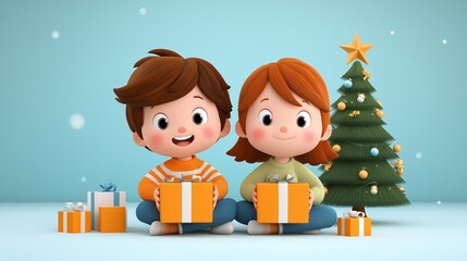 Two cherubic children, adorned with smiles, present brightly wrapped gifts near an adorned Christmas tree, the soft blue backdrop mirroring a festive celebration. Generative ai illustration