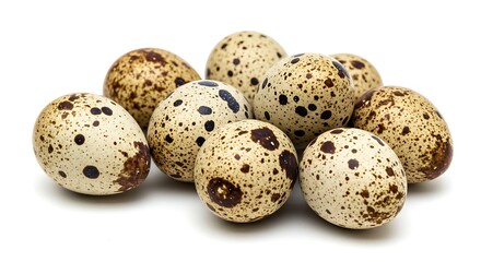 Obraz premium Close up of speckled quail eggs on a white background