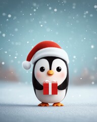 Festive Penguin with a Gift: A charming illustration features an adorable penguin, donning a Santa hat and clutching a small gift box amidst a serene snowfall.Generative ai illustration