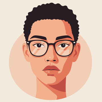 A modern flat illustration of a young person with short curly hair and black-rimmed glasses.
