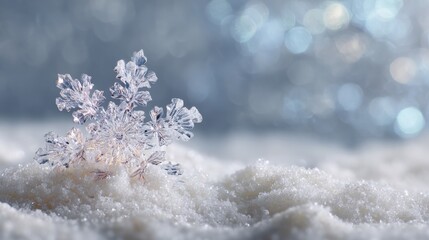 Elegant crystal snowflake resting on snow creating a magical winter atmosphere and bright background a beautiful seasonal design