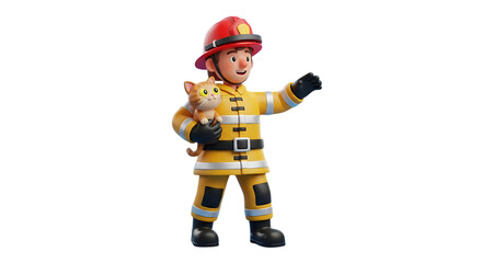 Brave firefighter saves a cat, a heartwarming rescue mission in a stylized 3D rendering, perfect for safety campaigns and children's content, showcasing heroism
