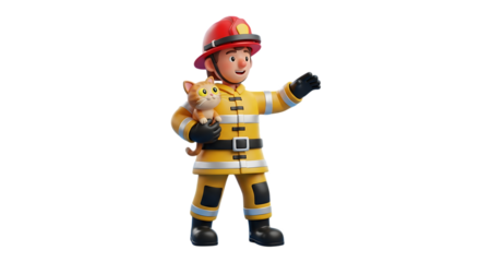 Brave firefighter saves a cat, a heartwarming rescue mission in a stylized 3D rendering, perfect for safety campaigns and children's content, showcasing heroism