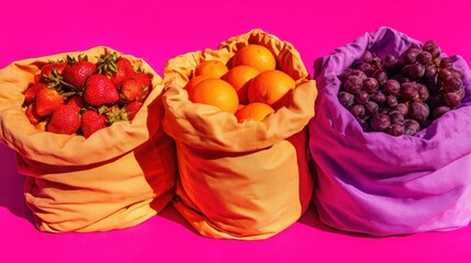 Vibrance of Fruits Arrangement in Colorful Textile Bags against a Bright Magenta Backdrop Freshness and Nutritional Theme