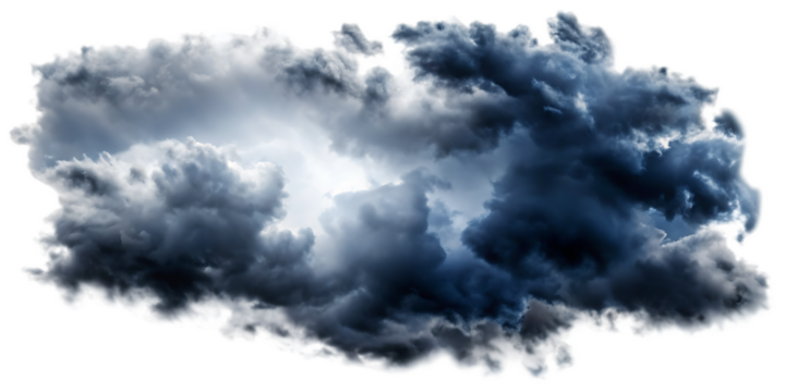 dark thunderstorm clouds with lightnings isolated on white background PNG. GENERATIVE AI