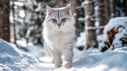 Majestic white cat walks through snowy forest on a bright winter day with soft light and blue eyes