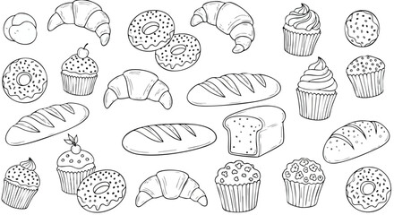 Delicious Bakery Sketch Croissants, Donuts & Cupcakes