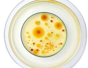 Petri dish with yellow and brown bacterial colonies on a clear agar