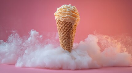 Delicious Vanilla Ice Cream Cone Ascending Through Fluffy White Clouds Against Pink Background Sweet Treat Concept