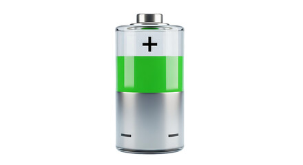 Obraz premium Energized battery with vibrant green charge level, showcasing power and sustainability for eco-friendly technology concepts. Full battery, ready to power!