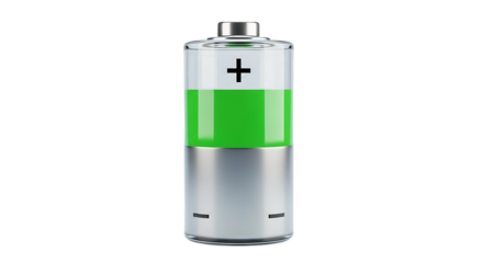Energized battery with vibrant green charge level, showcasing power and sustainability for eco-friendly technology concepts. Full battery, ready to power!