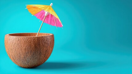 Tropical refreshment with a coconut and paper umbrella on a vibrant blue background evoking vacation summer mood and exotic destination with copy space