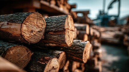 Stack of Cut Logs with Rough Bark in Lumber Construction
