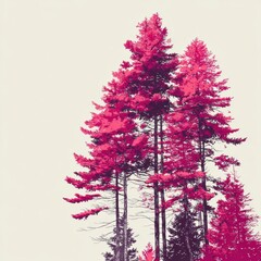Abstract painting style coniferous forest on white backdrop evoking serene natural art and calm mood