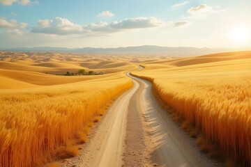 Naklejka premium A winding dirt road surrounded by golden wheat fields. 