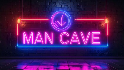 Neon sign "Man Cave" on dark brick wall