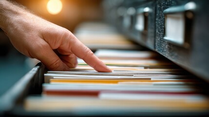 Hand Selecting File from Office Drawer with Assorted Folders