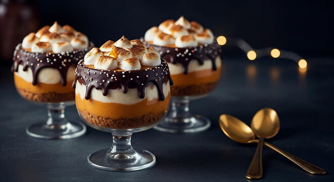 Gourmet Pumpkin Parfait with Toasted Marshmallows and Chocolate Drizzle