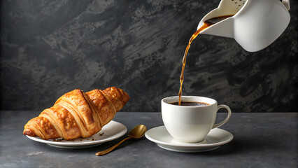 Freshly baked croissant and coffee being poured into a cup