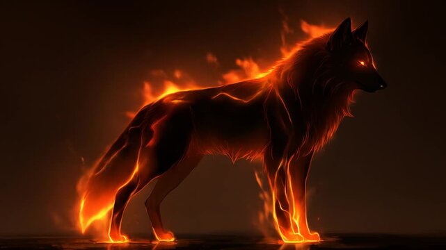 Fiery wolf animation mystical creature with glowing orange flames